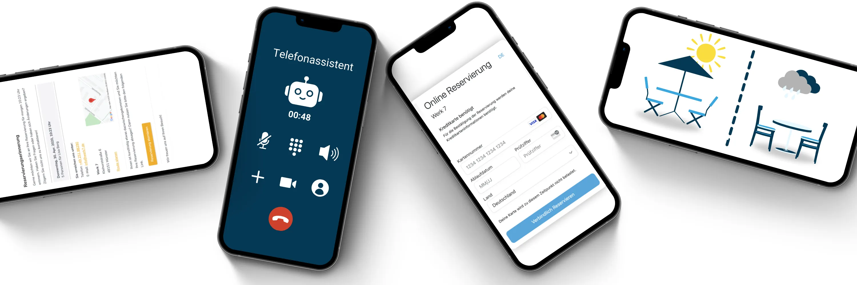 Abbildung mehrerer Smartphones die Funktionen von Teburio abbilden