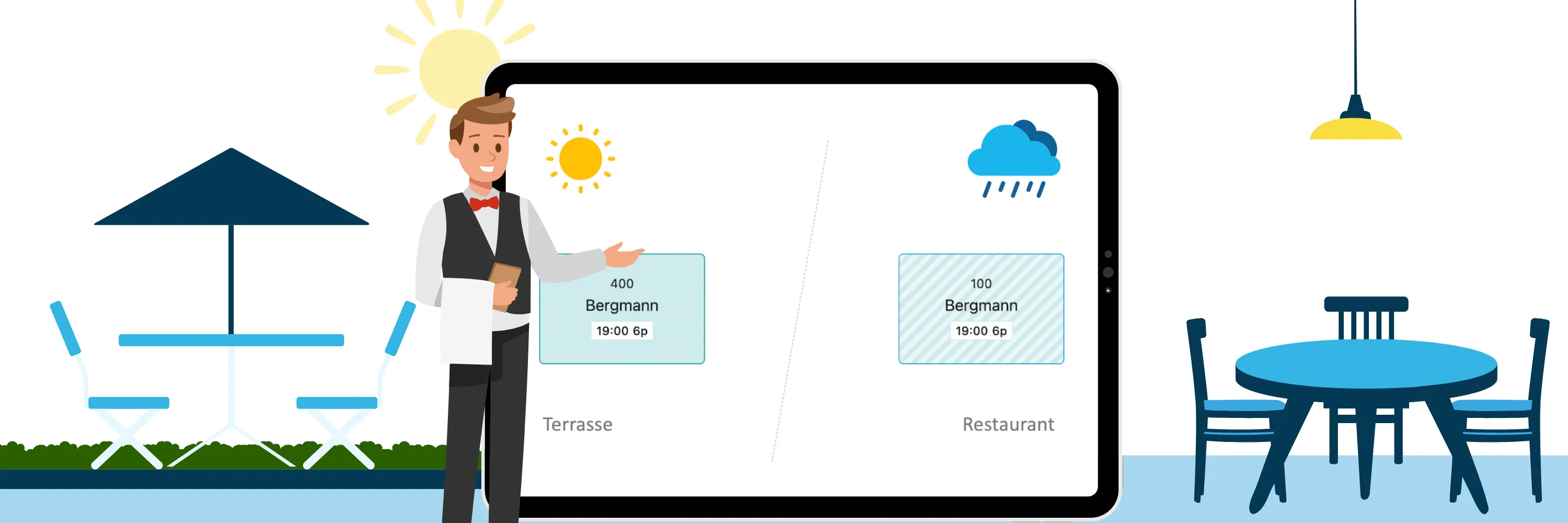 Illustration, die einen Kellner mit Wettervorhersage abbildet