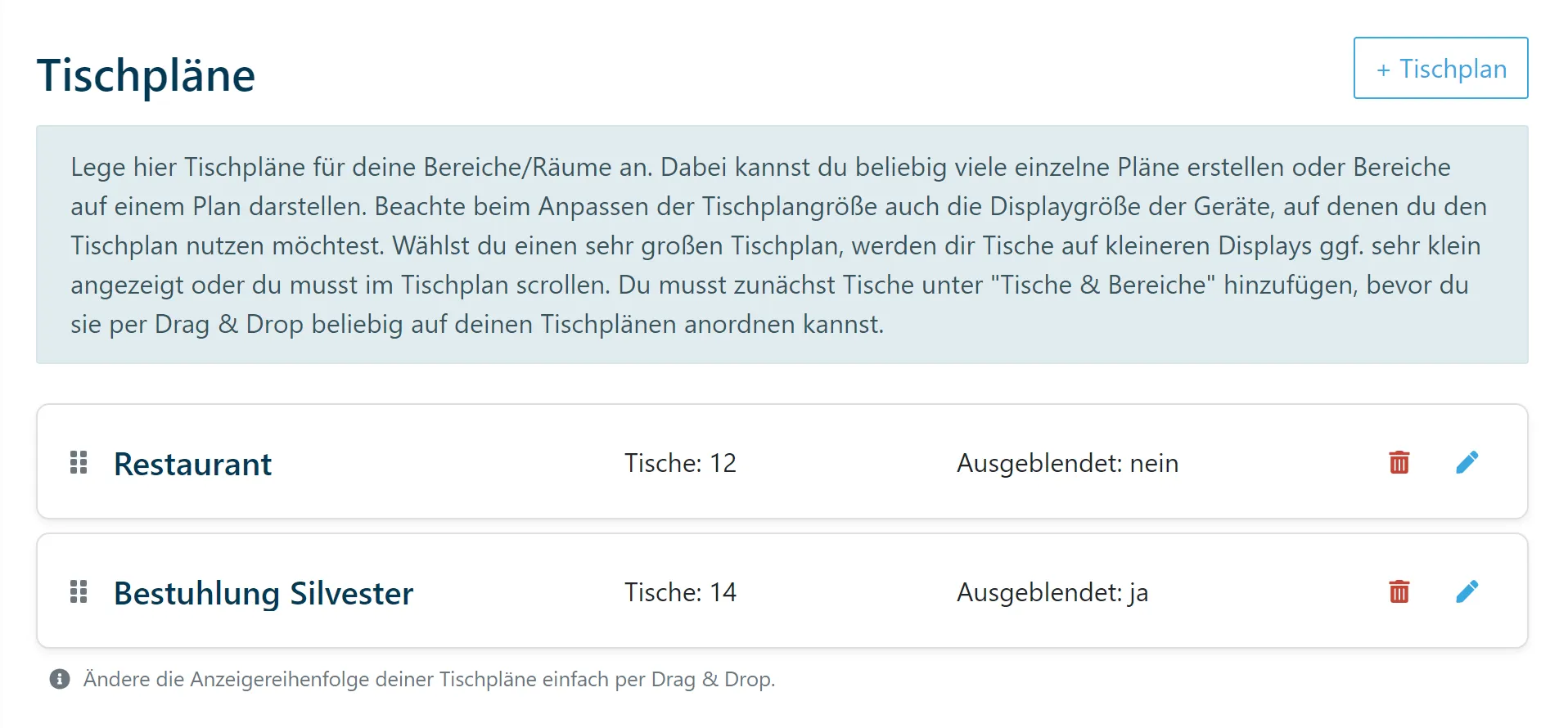 Übersicht Tischpläne für die Bereiche und Räume in Teburio. Oberfläche für Gastronomen
