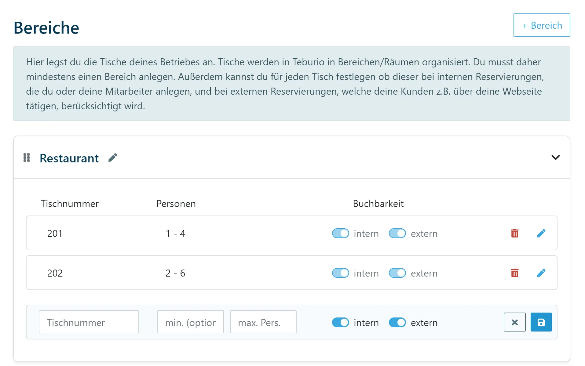 Ansicht Bereiche der Tische und Räume in Teburio