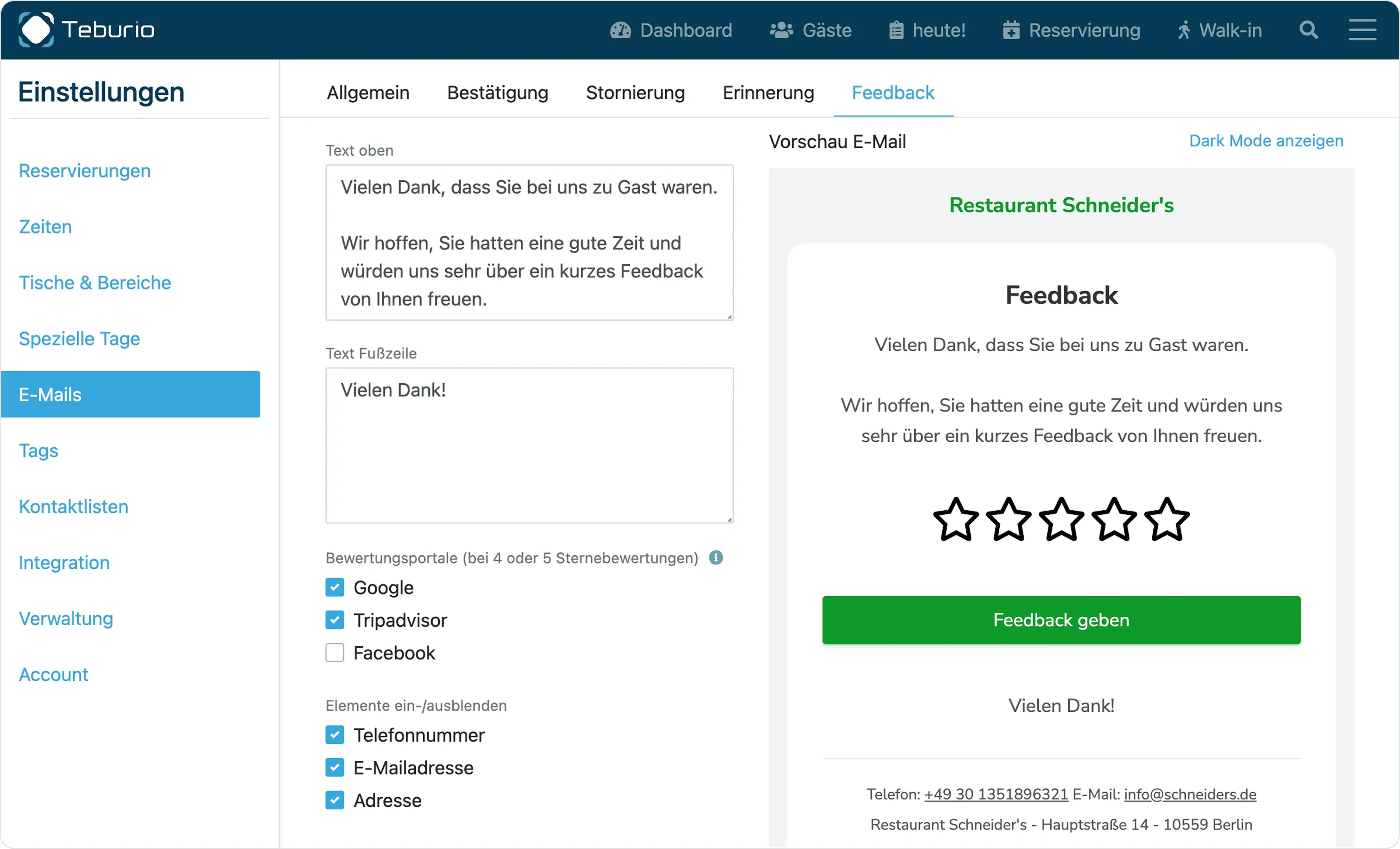 Oberfläche für Gastronomen: Feedback E-Mails für die Gäste gestalten