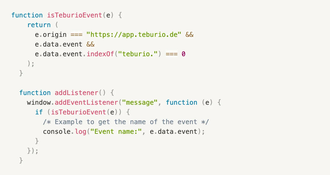 JavaScript-Code, der Widget-Events empfängt und deren Namen in der Konsole anzeigt.