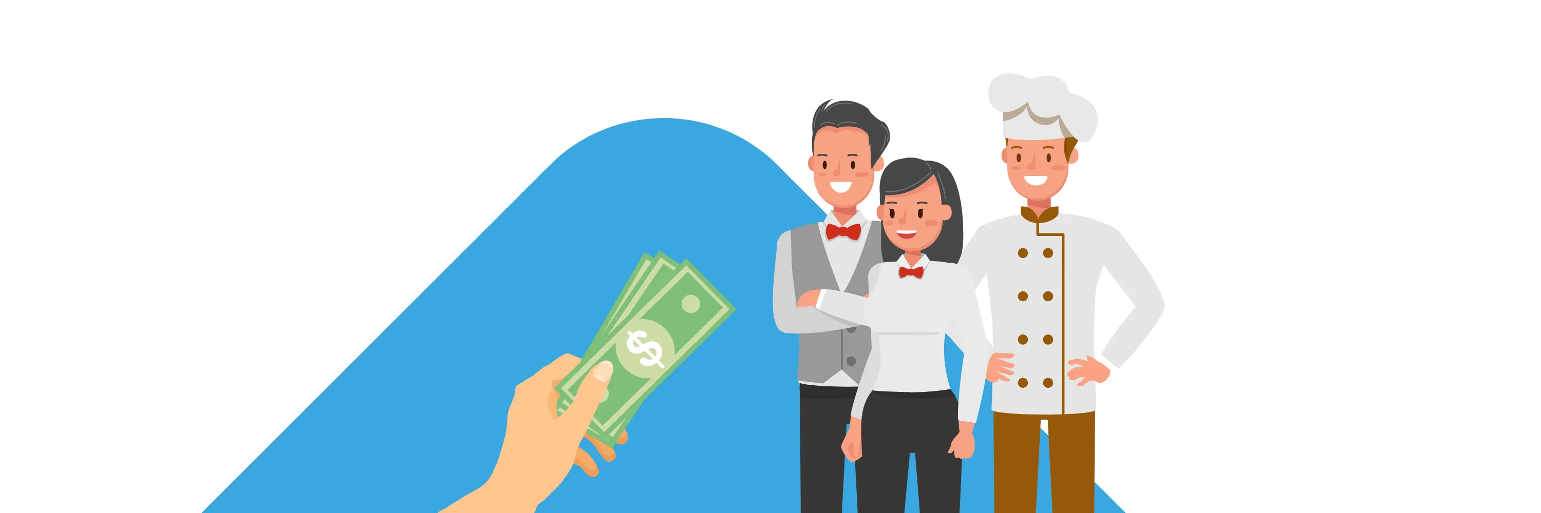 Illustration eines Gastro-Teams, dem eine Hand Trinkgeld in Form von Scheinen reicht.