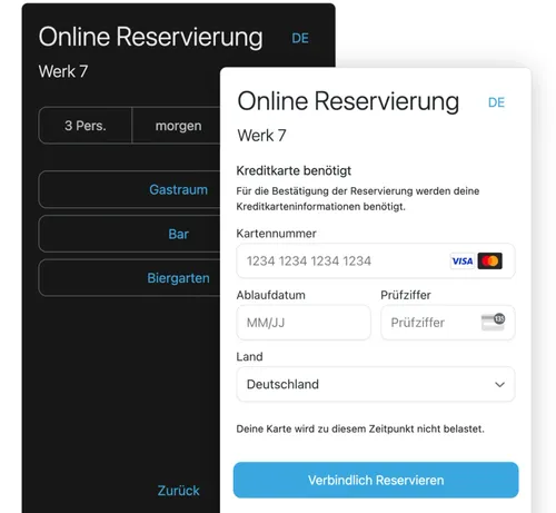 Ansicht Online-Reservierung mit Kreditkartendaten