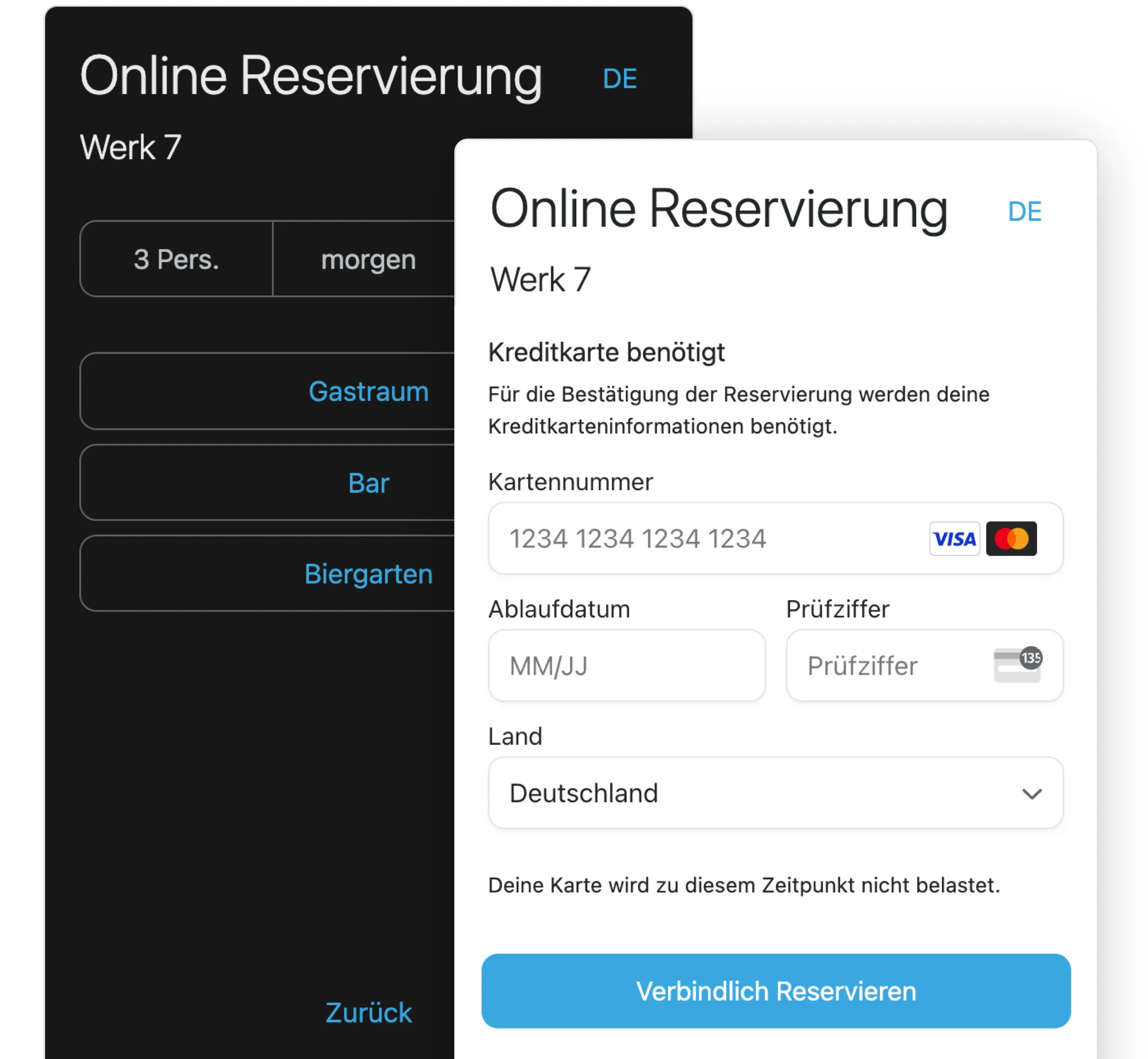 Ansicht Online-Reservierung mit Kreditkartendaten