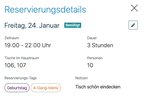In den Reservierungsdetails sieht du alle Angaben zur Reservierung