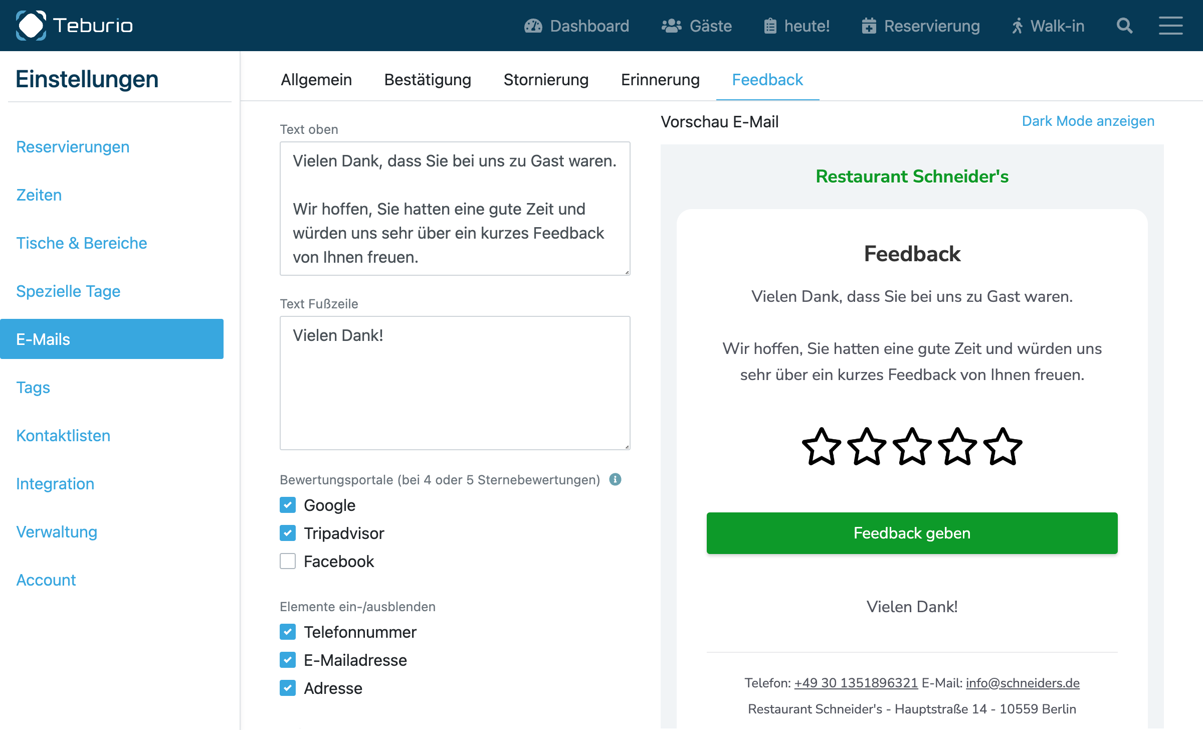 Einstellungen Feedback E-Mail