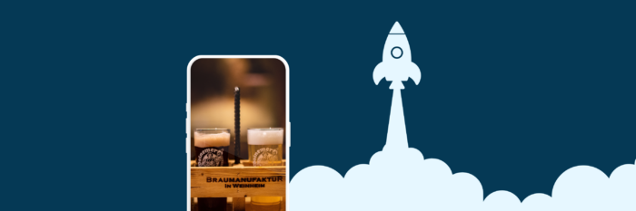Erfolgsgeschichte Wie die Woinemer Hausbrauerei mit Teburio 90% weniger Doppelbuchungen erzielt Infografik Handy mit Bild und daneben Raketengrafik