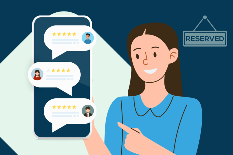 Infografik. Frau zeigt Smartphone, auf dem drei positive Bewertungen zu sehen sind.